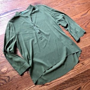 Alice + Olivia Olive Green Silk Henley Blouse